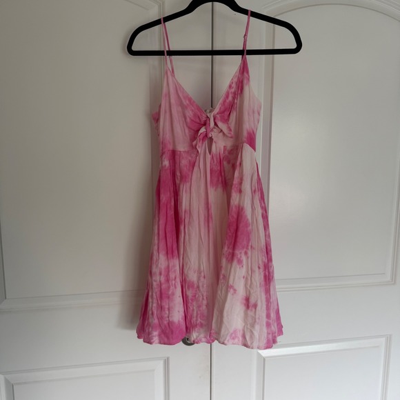 HYFVE Dresses & Skirts - Hyfve Pink Tie Dye Mini Dress Small V-Neck Tie Front Adjustable Straps Sundress